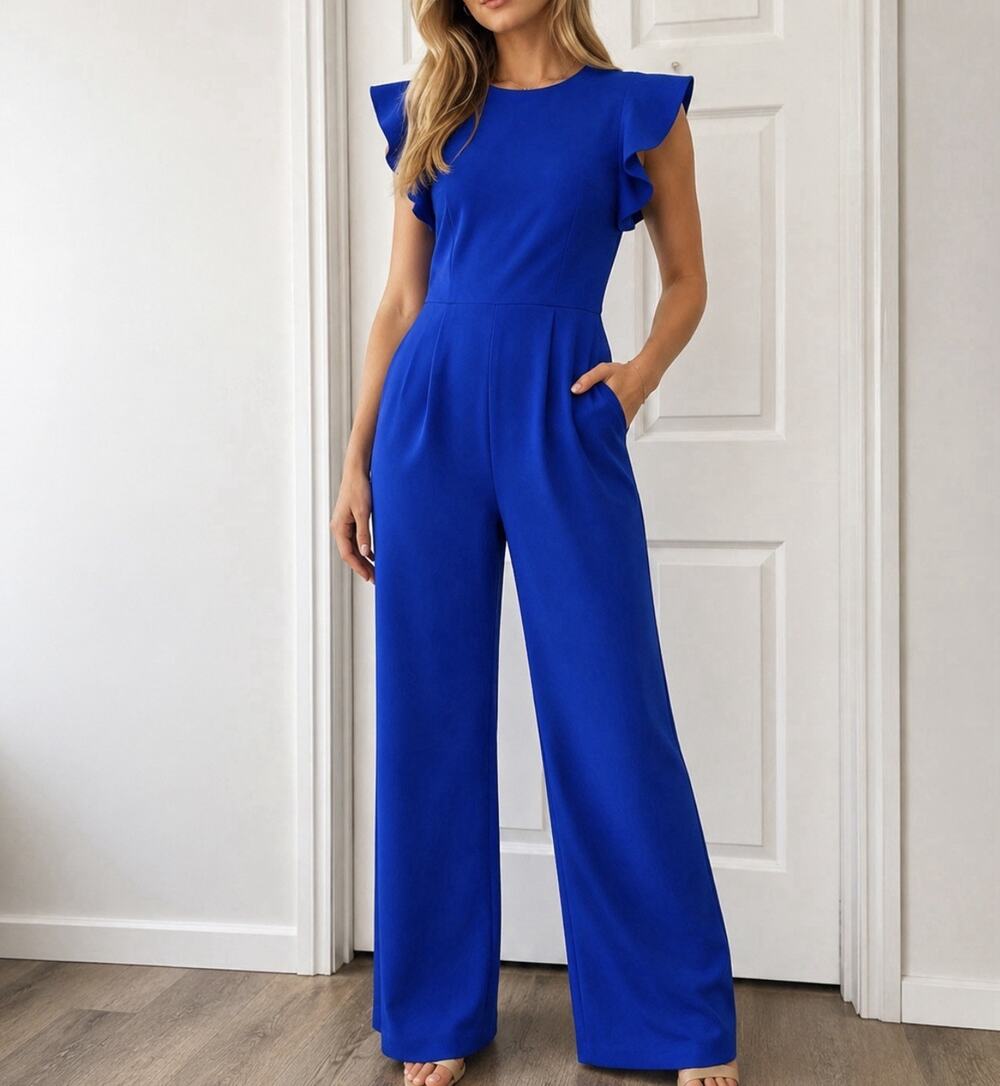 Calvin Klein Royal Blue Solid Wide Leg Jumpsuit Round Neck Size 8 Flutter Sleeve